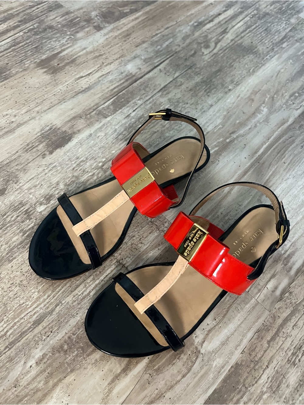 kate spade Red, Black & Nude Patent T-Strap Sandals